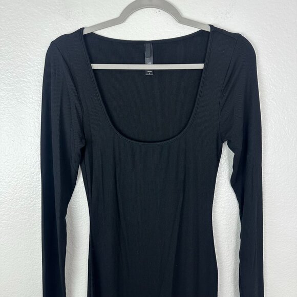 Skims Soft Lounge Long Sleeve Dress L Black Ribbed Onyx Maxi Bodycon Stretch - Picture 3 of 9